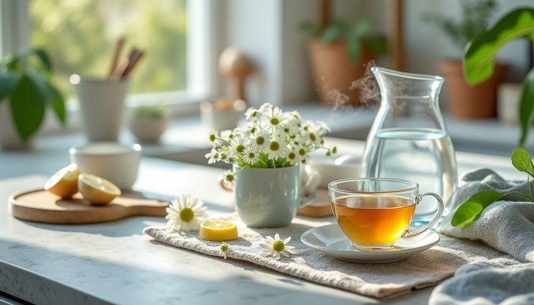 Infusion de camomille et carafe d’eau, boissons apaisantes en cas de reflux gastrique