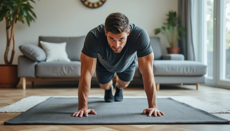 Homme en position de pompe sur un tapis dans son salon, musculation à la maison sans matériel