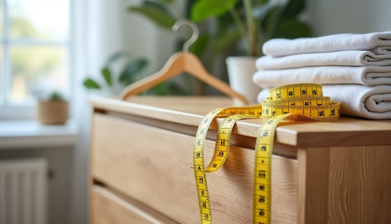 Mètre ruban de couturière posé sur une commode, pour prendre ses mesures et trouver sa taille de soutien-gorge