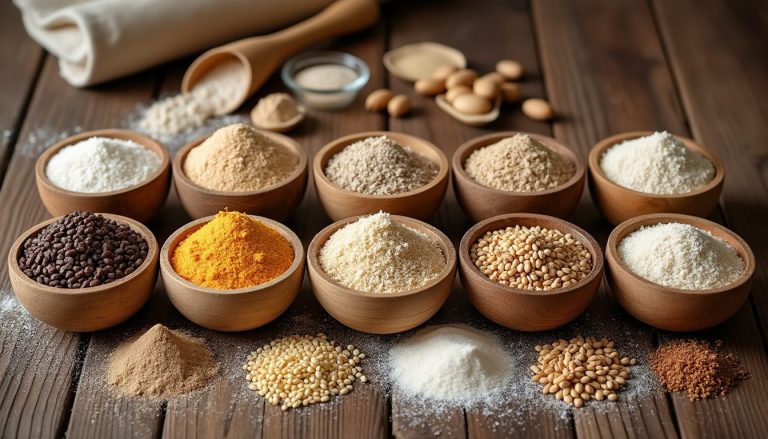 Bols de farines sans gluten : riz, sarrasin, châtaigne, amande et maïs