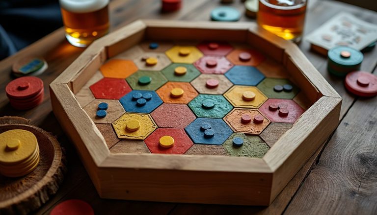 Jeu de société en cours sur une table en bois, cartes, dés et pions